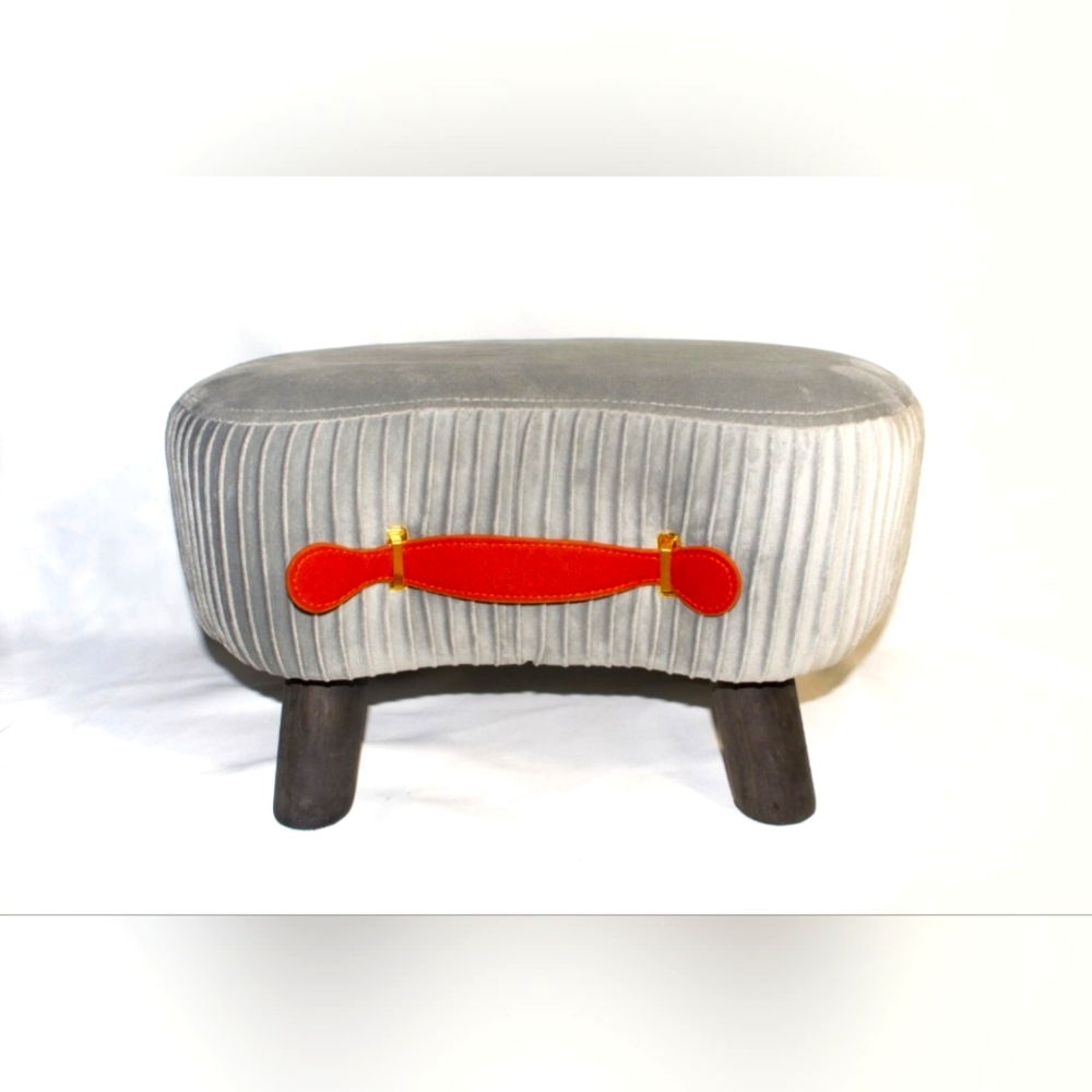 Small Curved Foot Stool with Leather Handle Velvet Footstool and Ottomans, Gray
